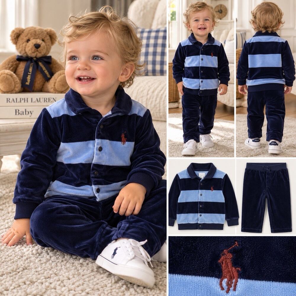 Polo Ralph Lauren Baby Boys 24M Velour Tracksuit 2 Piece Navy Blue Colorblock